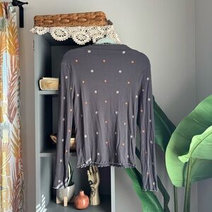 three bird nest embroidered flower mock neck top